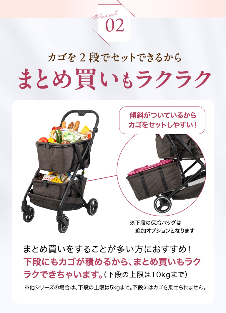 Point02 カゴを2段でセットできるからまとめ買いもラクラク